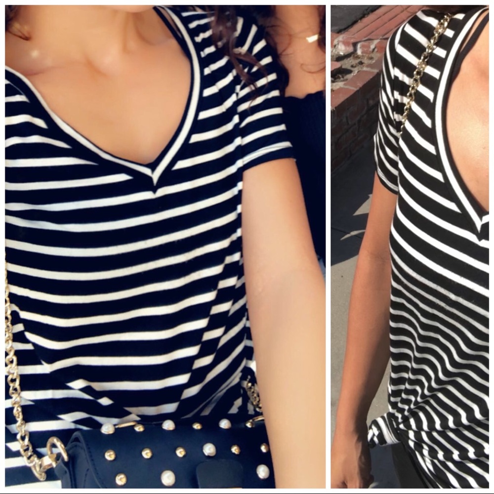 Basic Black and White Striped V neck Shirt
